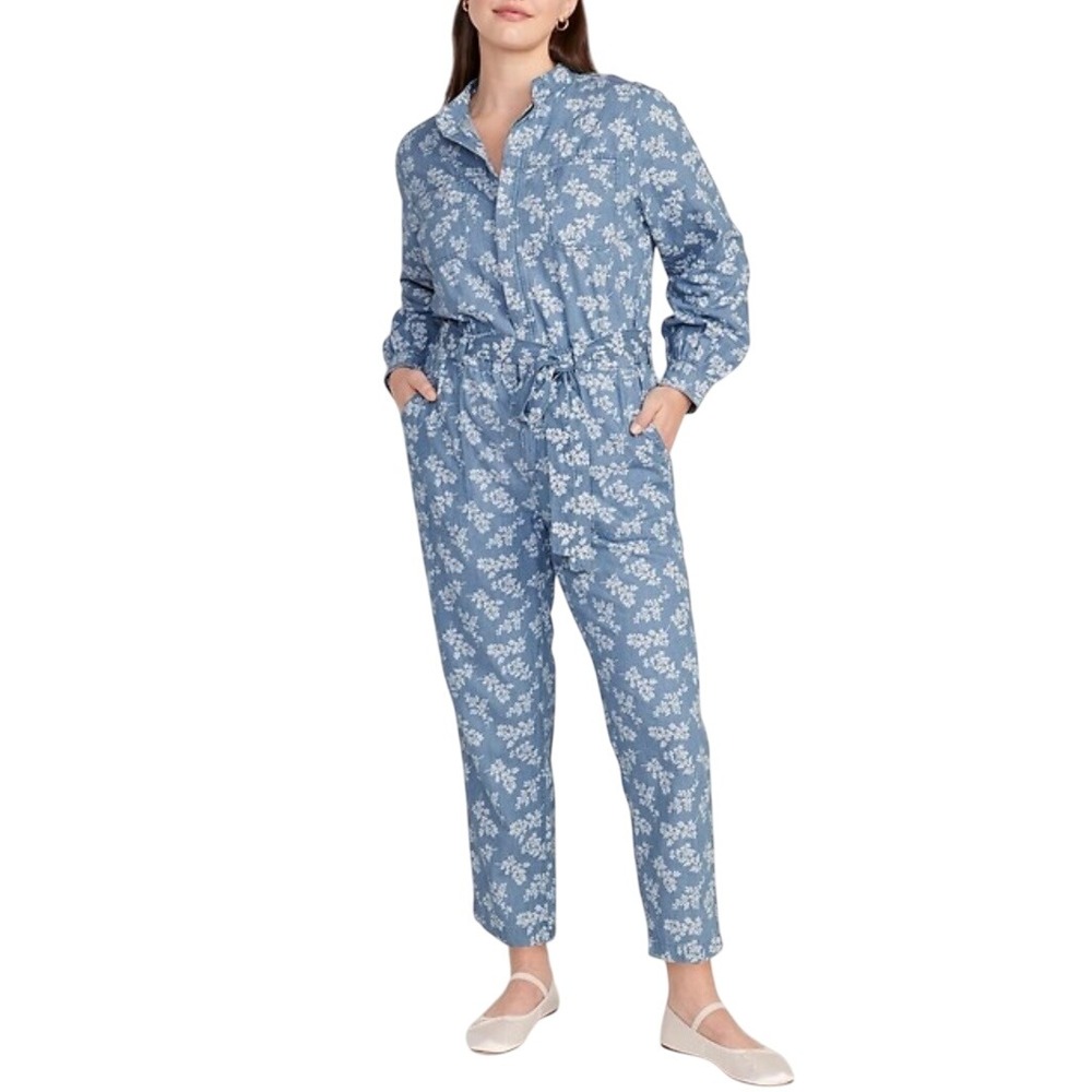 Old Navy Denim Chambray Floral Cottagecore Long Sleeve Belted Jumpsuit Size XS